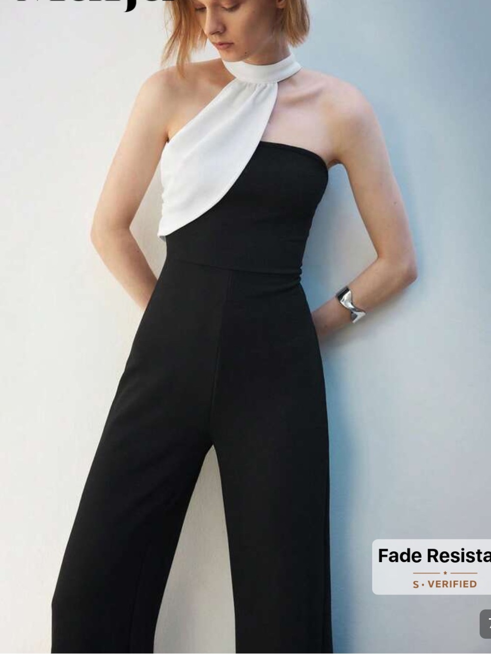 SHEIN Black One-Shoulder Jumpsuit with White Draped Accent